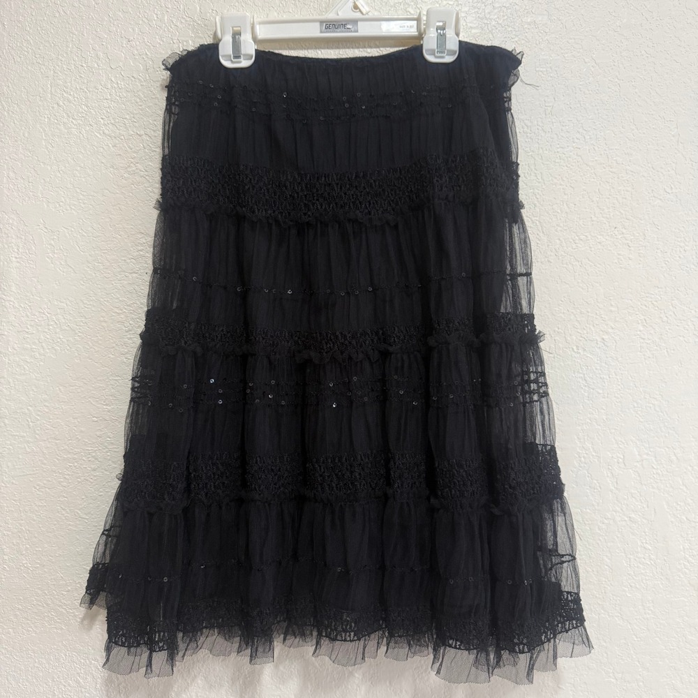 Max Studio Black Tiered Mesh Midi Skirt Lace Sequin Trim Small Made in USA